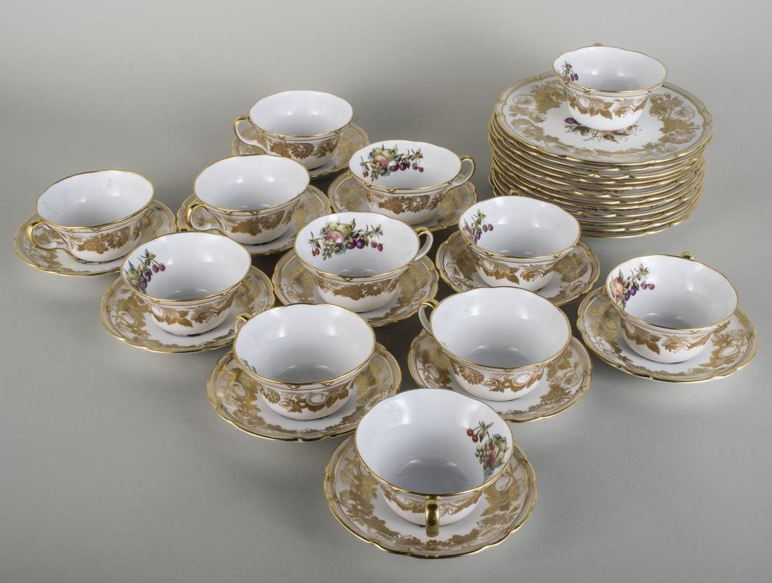 Spode Porcelain Dessert Service: Twelve cups and saucers and dessert plates. Plates, diameter 6 1/2 inches.