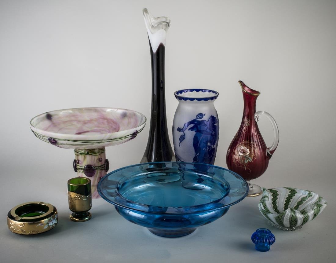 Miscellaneous Group of Colored Glass Decorations: Including vases, compote, ewer, etc. Tallest 17 1/2 inches.