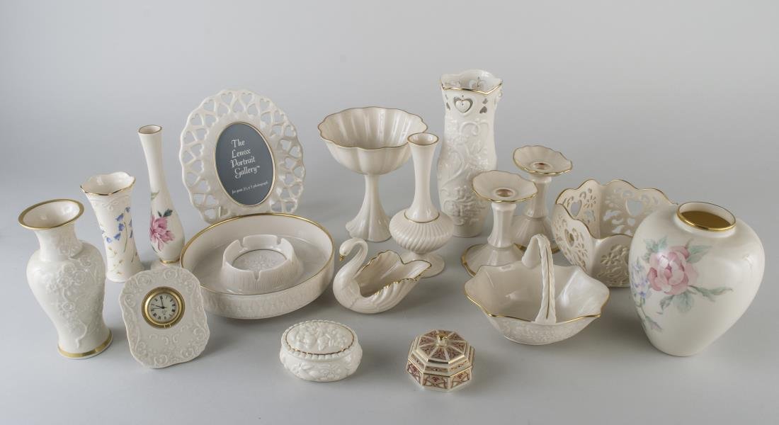 Group of Lenox Porcelain Table Decorations: Comprising a group of Lenox, including six vases, a desk clock, pair of candlesticks, basket, compote, two boxes, etc.; a Rosenthal porcelain vase and a group of assorted porcelain and glass table dec