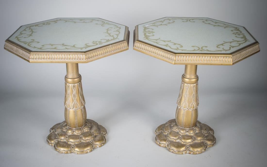 Pair of Side Tables: Each with reverse decorated inset octagonal glass top. Height 28 inches, width 26 inches, depth 26 inches