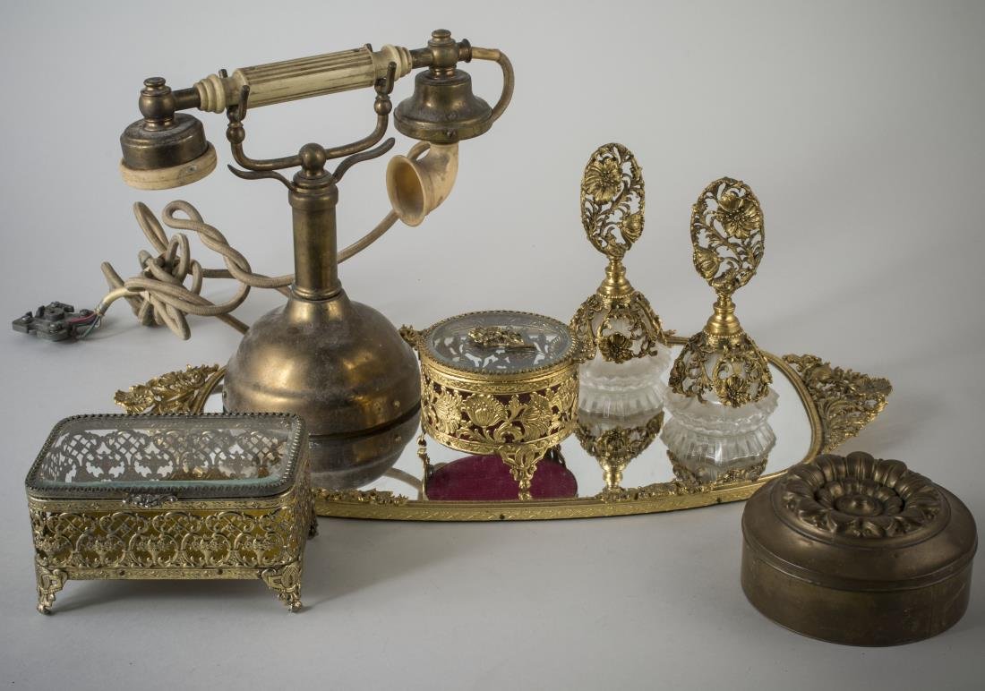 Miscellaneous Group of Dresser Articles: Two trays, pair of perfume bottles, box, three lady's vintage purses, etc. Tallest height 9 1/2 inches.