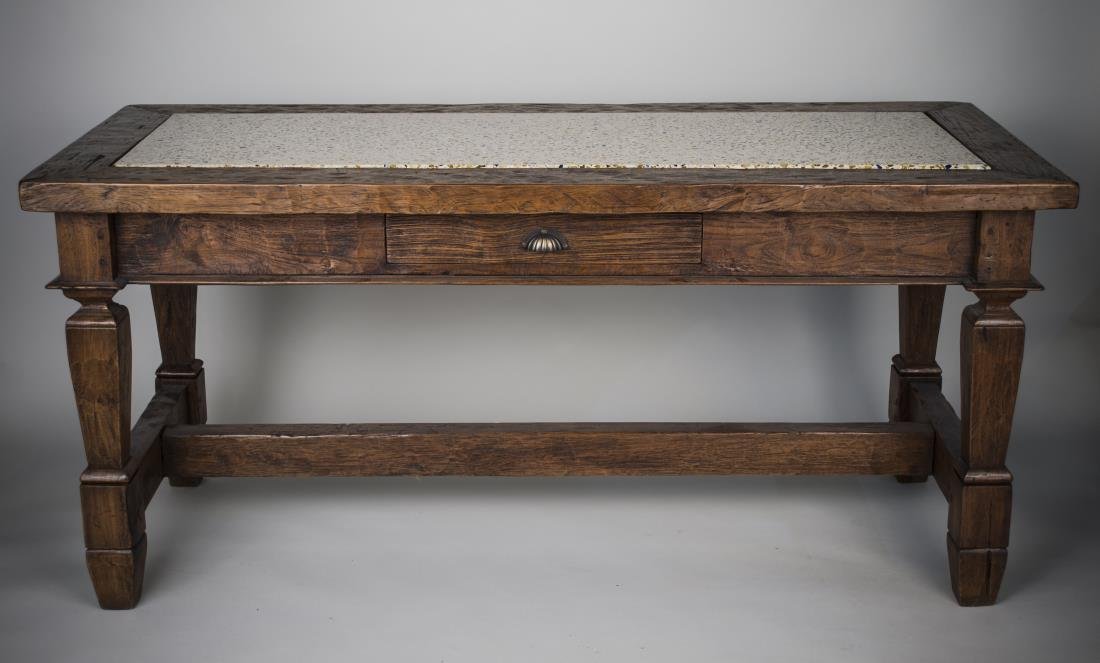 Mosaic Top Harvest Table: Simulated granite inset rectangular top over a single drawer, tapered block legs joined by an H stretcher. Height 32 inches, width 5 feet 9 inches, depth 32 inches