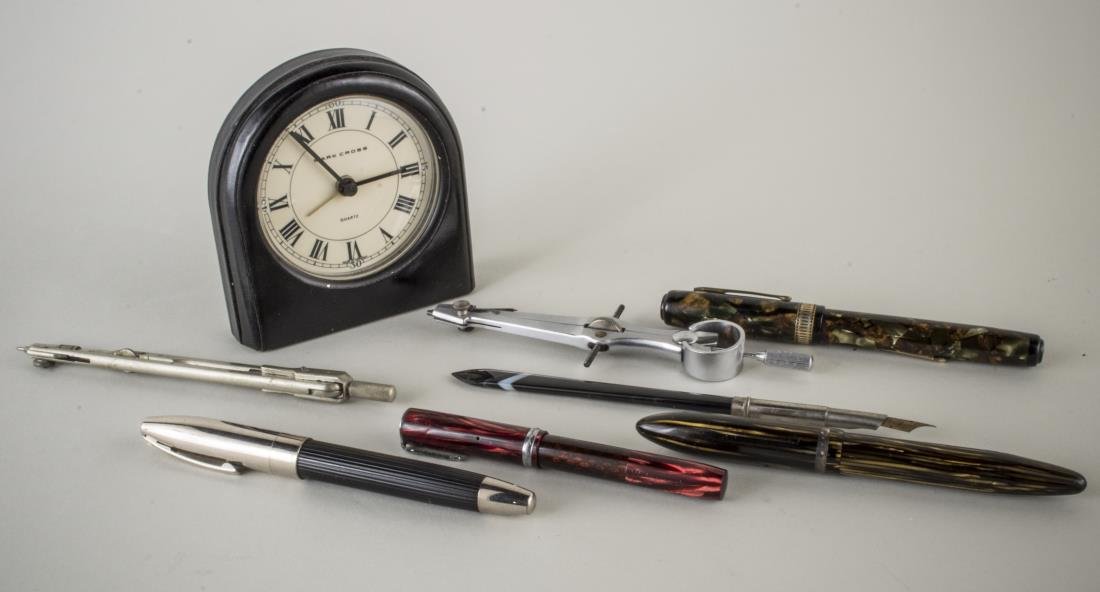 Collection of Vintage Pens and Desk Clock: Two Waterman pens, etc.