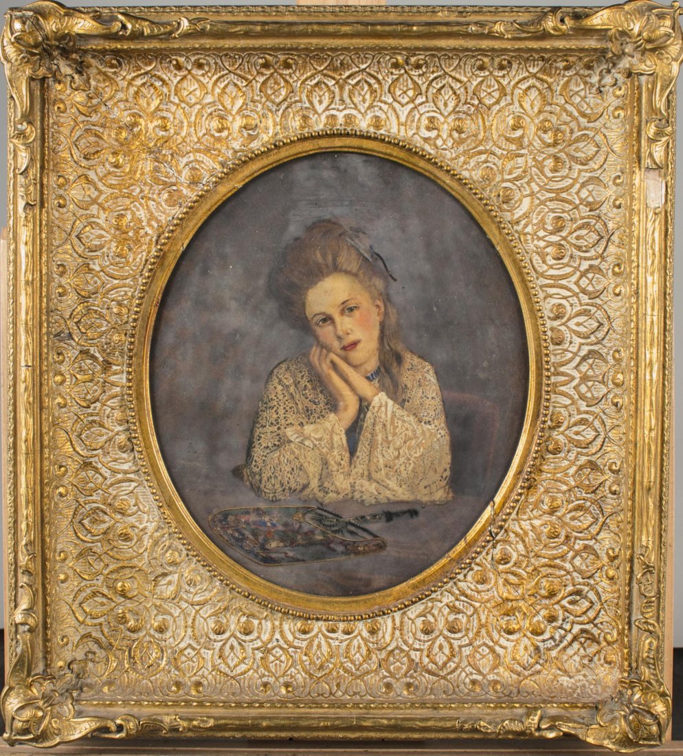 Continental School (19th Century): Portrait of a Young Woman. Oil on board. Sight size 13 1/4 x 11 inches. Framed.