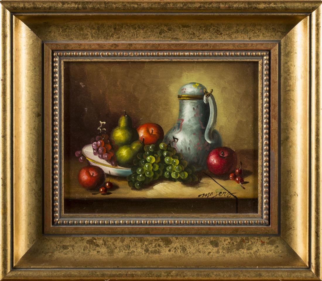 Continental School (20th Century): Fruit Still Life. Oil on board. Signed Magers (l.r.). Sight size 7 x 9 1/2 inches. Framed.