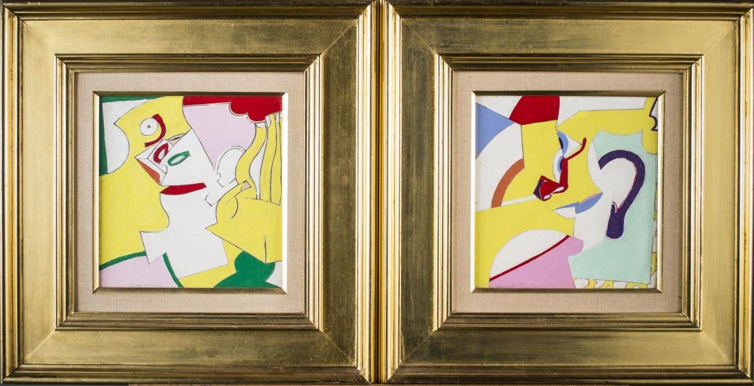 Pair by Knox Martin (American, b. 1923): Abstracted forms. Oil on canvas. Each signed (l.c.). Larger canvas size 9 3/4 x 8 3/4 inches. Framed.