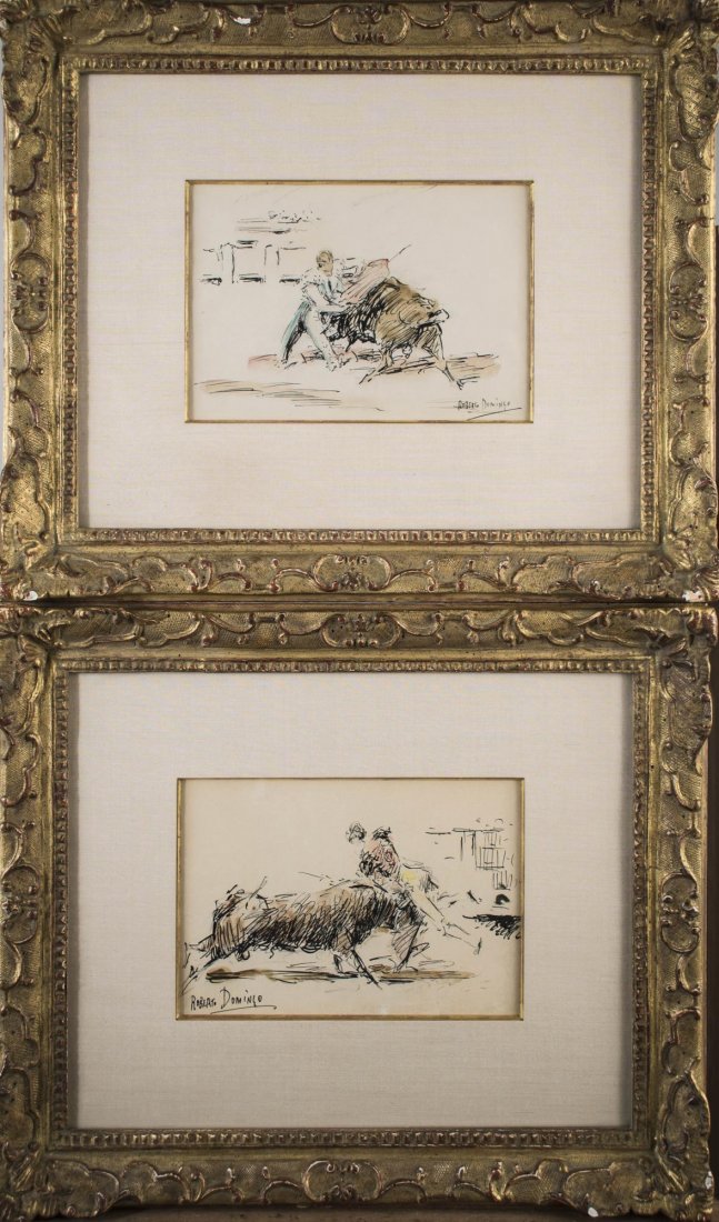 Pair by Roberto Domingo Y Fallola (Sp, 1883-1956): Bullfighting scenes. Ink and wash on paper. Each signed. Each sight size 5 1/2 x 8 inches. Matted and framed.