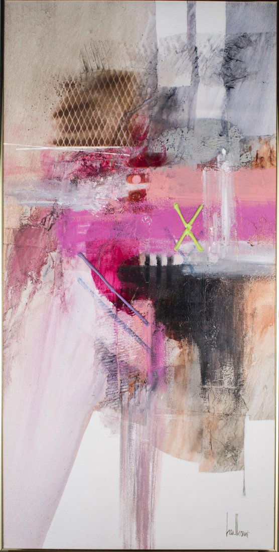 Gregory Hawthorne (American, 20th Century): Abstract. Mixed Media on board. Signed (l.r.) Sight size 47 1/2 x 23 1/2 inches. Framed.
