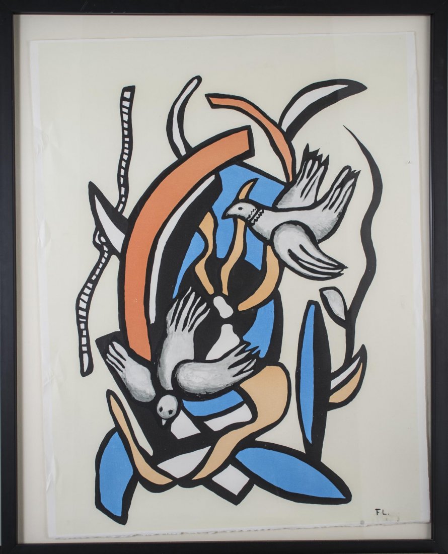 Fernand Leger (French, 1881-1955): Birds on a yellow background. Color Lithograph. Initialed in print (l.r.). Sheet size 27 x 19 3/4 inches. Mounted and framed.