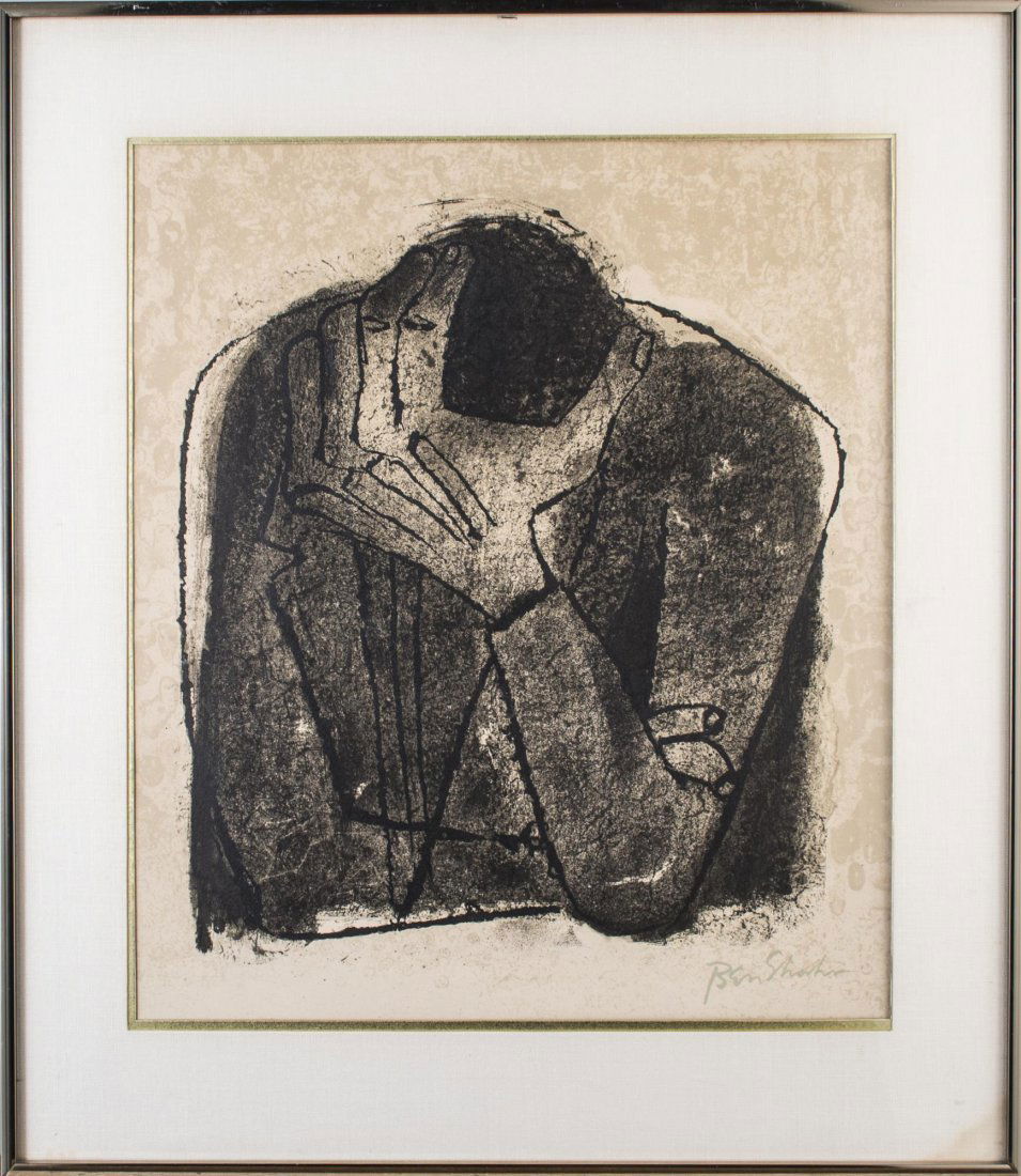 Ben Shahn (American, 1898–1969): Crouched man. Lithograph. Signed in plate (l.r.). Sight size 19 1/2 x 16 1/2 inches. Matted and framed.