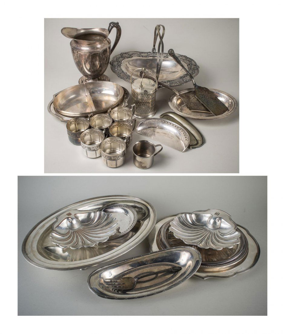 Group of Silver Plated Serving Trays & Articles: Two oval serving trays, pair of shell form dishes, bowls and assorted dishes, etc.
