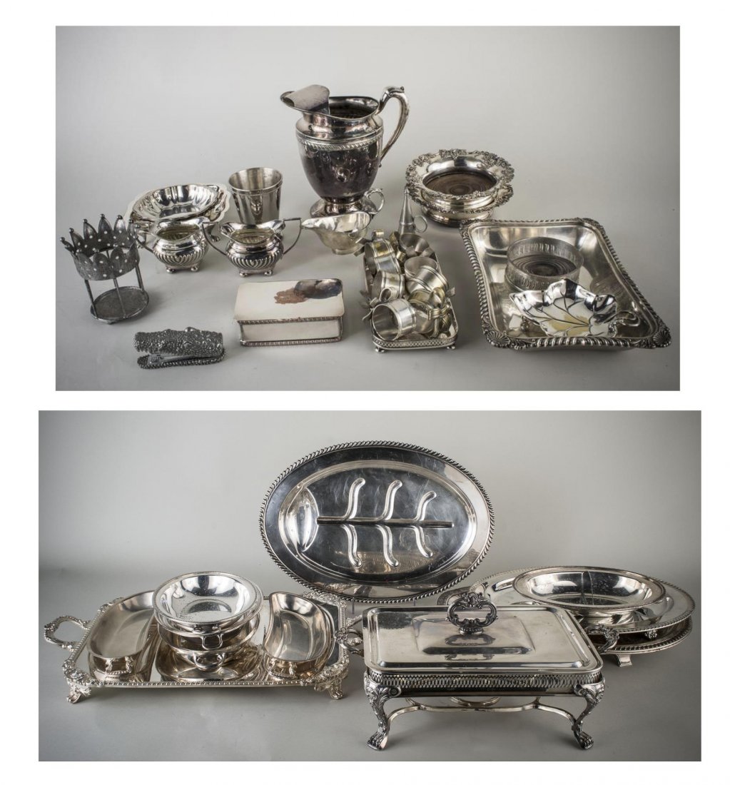 Miscellaneous Group of Silver Plated Table Article: Including a water pitcher, napkin rings, tray, bowls and serving trays, including well and tree pattern trays, circular drinks trays, etc.