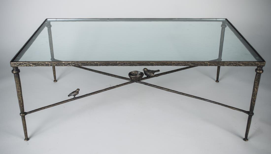 Glass Top Bronze Coffee Table: Rectangular glass top on metal base with bird and bowl decoration. Height 18 inches, width 48 inches, depth 30 inches