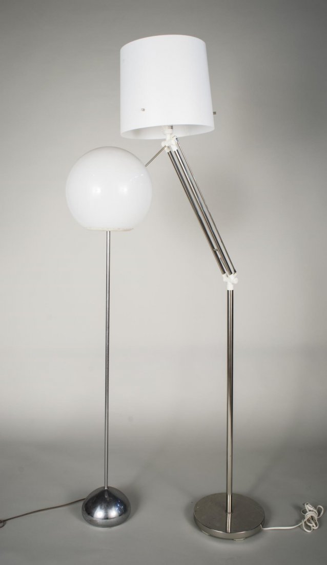 Two Floor Lamps: Both chromed metal with white shade, one with adjustable arm. Non adjustable lamp height 55 inches.
