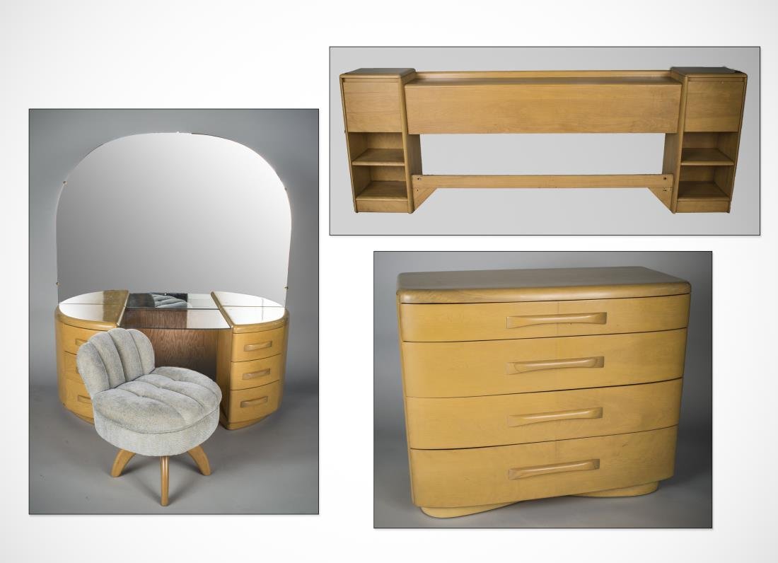 Heywood Wakefield Bedroom Suite: Comprising a vanity with mirror and bench, a dresser and a headboard. Vanity, height 5 feet 2 inches, width 53 inches, depth 18 inches