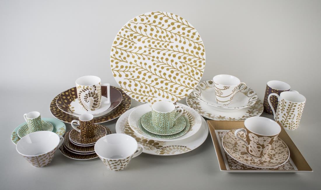Group of Cacharel Porcelain Dinnerware: Approximately one hundred and eight pieces, various patterns including Spring & Summer, Stitch, Luxemborg, Mimosa, and Dentelle patterns, comprising ten chargers, eight dinner plates, nine salad plate