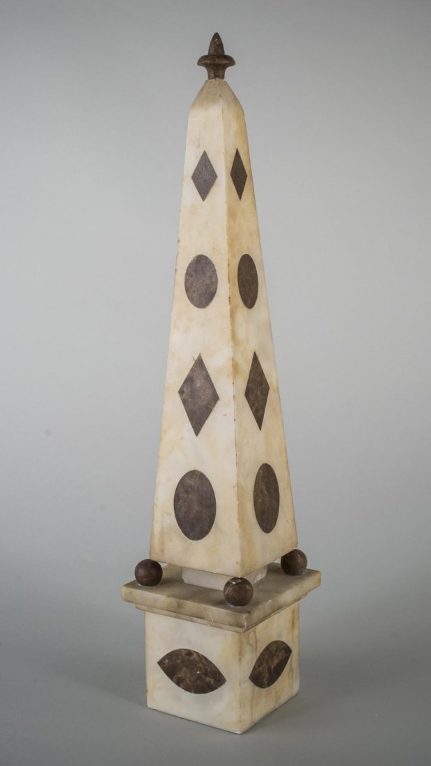 Marble Obelisk: White marble with applied patinated metal decoration. Height 19 inches.