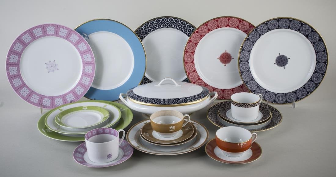 Group of J. Chew Porcelain Dinnerware: Approximately seventy four pieces, in various patterns including Shangrila, Lattice, Song, Lotus Pavillion, and Arabesque in various colors, comprising fifteen dinner plates, twenty one salad plates, 