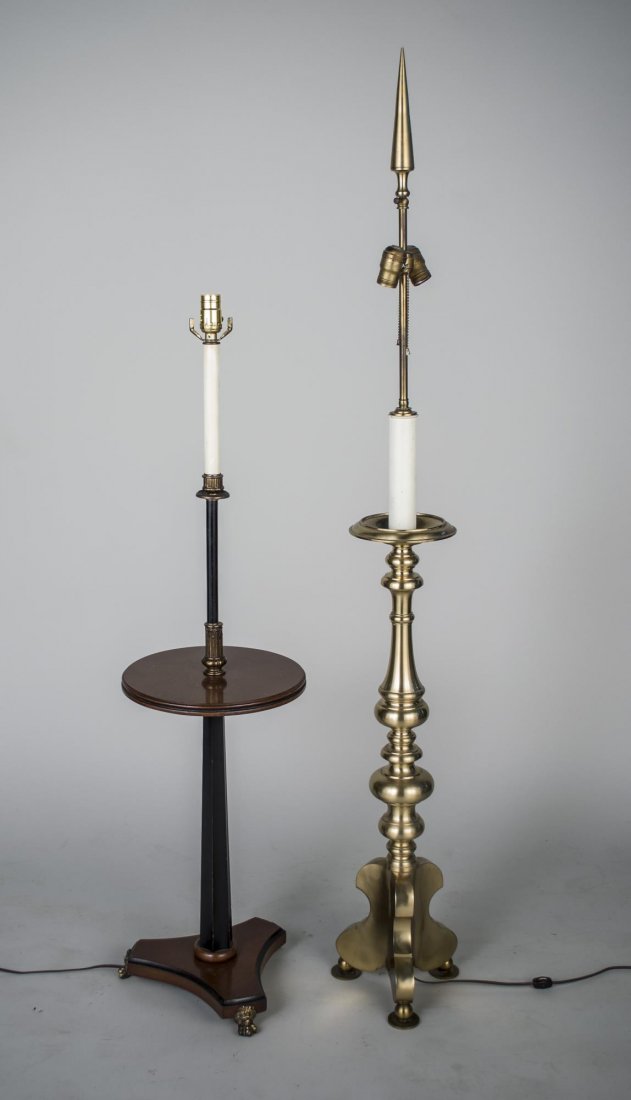 Two Floor Lamps: One, with table at mid height; the other in the form of an altar stick. Taller height 62 inches.