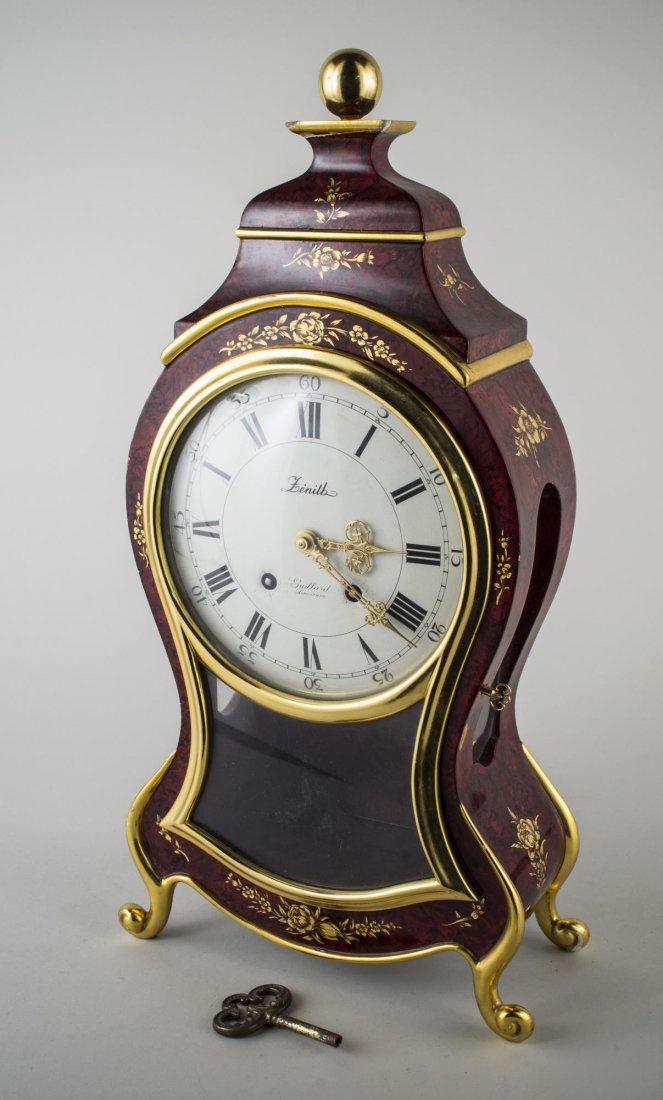 Zenith Lacquered Bracket Style Clock: Louis XV cartouche shaped clock. Height 25 inches.
