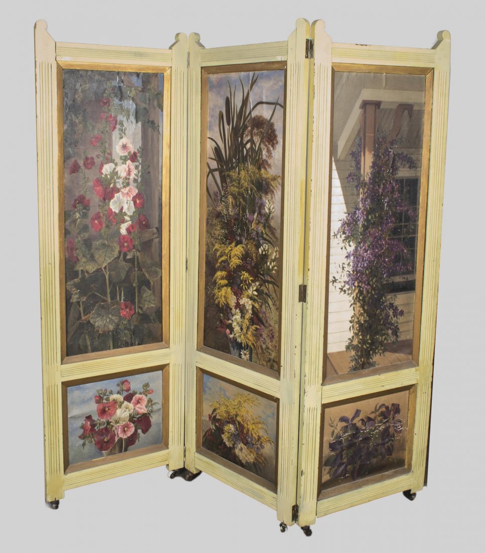 Painted Three Panel Screen: Floral decoration. Height 6 feet, width of each panel, 14 inches.