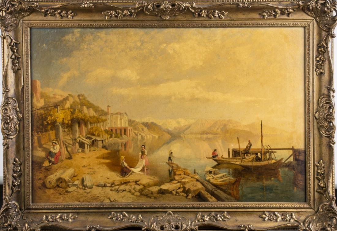 Continental School (19th Century): Figures by the sea. Oil on canvas. Signed illegibly (l.r.). Canvas size 22 1/4 x 32 1/4 inches. Framed.