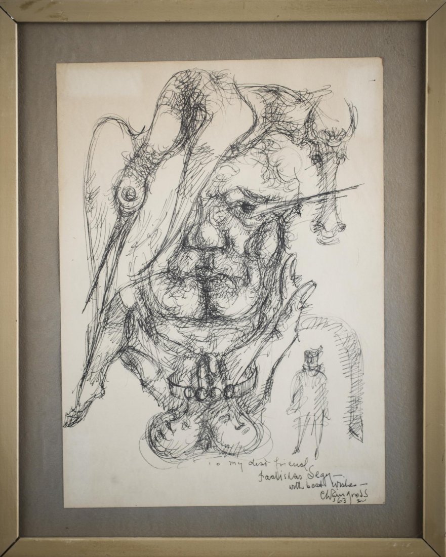 Chaim Gross (American, 1904–1991): Head, Heron. Ink on paper, 1963. Signed, dated, and dedicated (l.r.). Sight size 11 7/8 x 8 1/2 inches. Matted and framed. Provenance: From the Collection of Helena and Ladislas Segy.