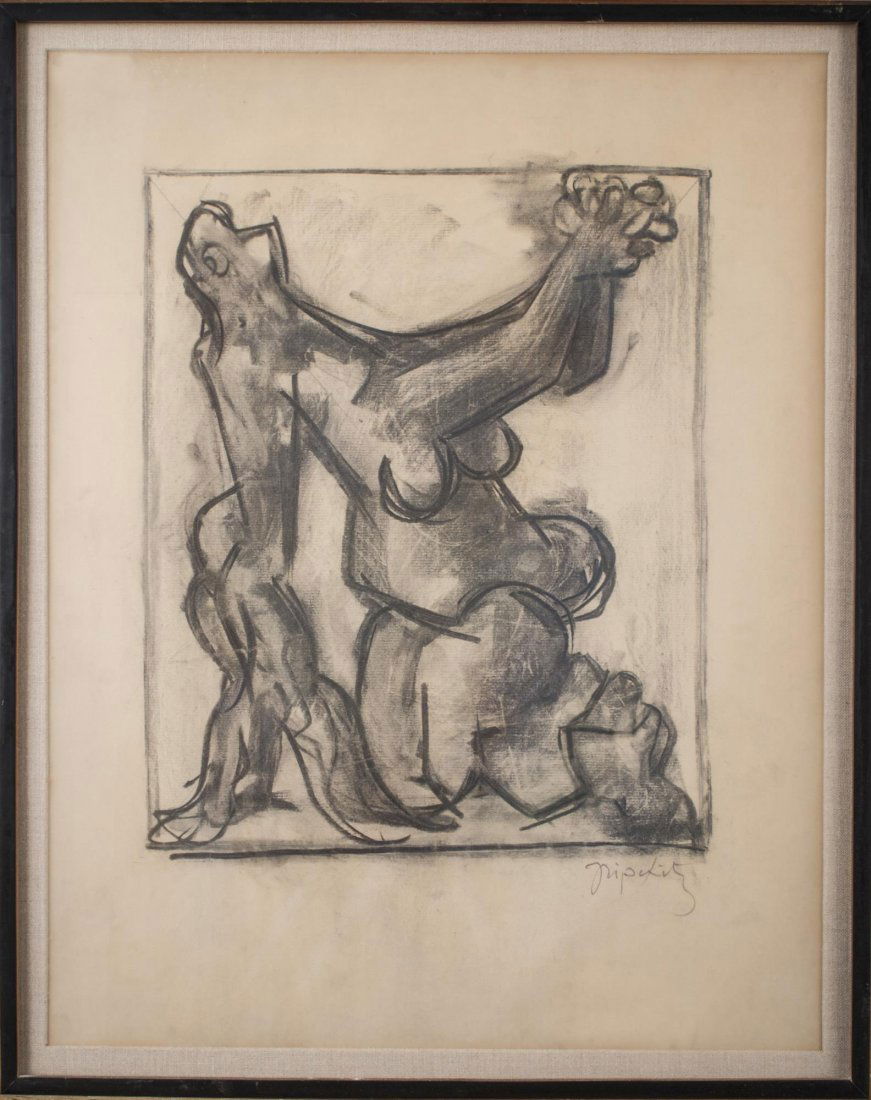 Jacques Lipchitz (French, 1891-1973): Study for Lamentation. Crayon on paper. Signed (l.r.). Sheet size 21 3/4 x 17 inches. Framed. Provenance: From the Collection of Helena and Ladislas Segy.