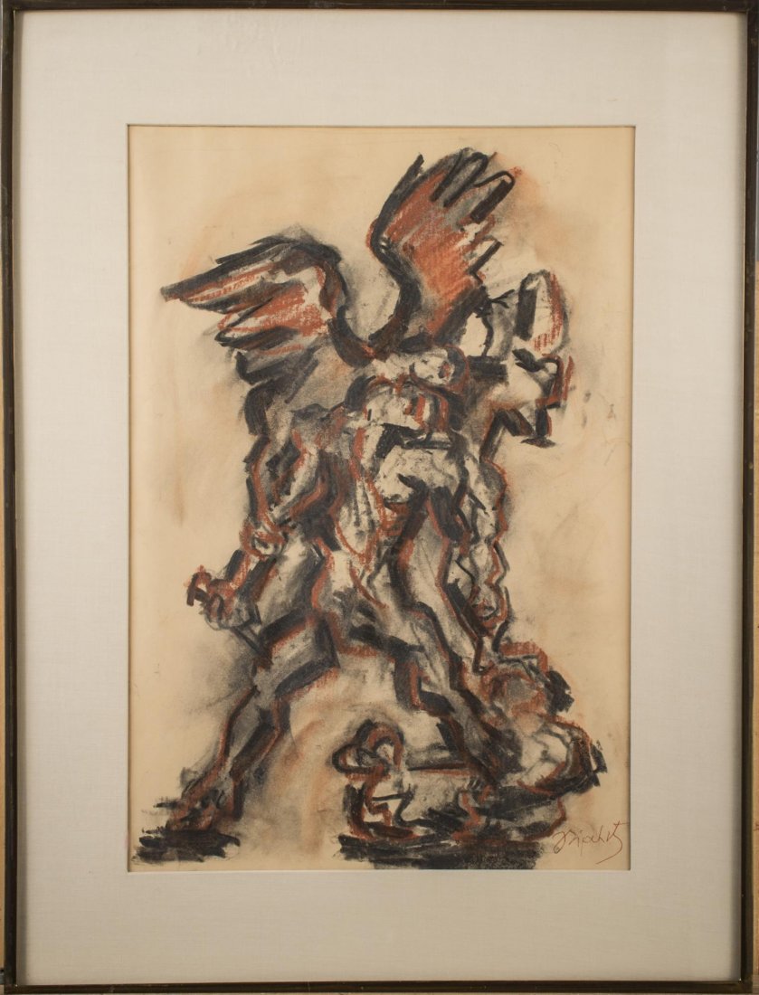 Jacques Lipchitz (French, 1891-1973): Study for The Sacrifice of Isaac. Colored crayon on paper, 1962. Signed (l.r.). Sight size 19 x 13 inches. Framed. Provenance: From the Collection of Helena and Ladislas Segy.