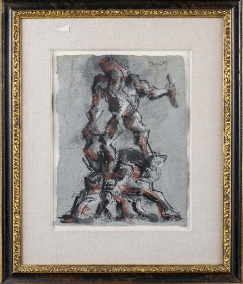 Jacques Lipchitz (French, 1891-1973): Study for Monument on Mount Scopus. Colored crayon and ink on blue paper, 1970. Signed (u.r.). Sight size 12 x 9 inches. Matted and framed. Provenance: From the Collection of Helena and Ladislas Segy.