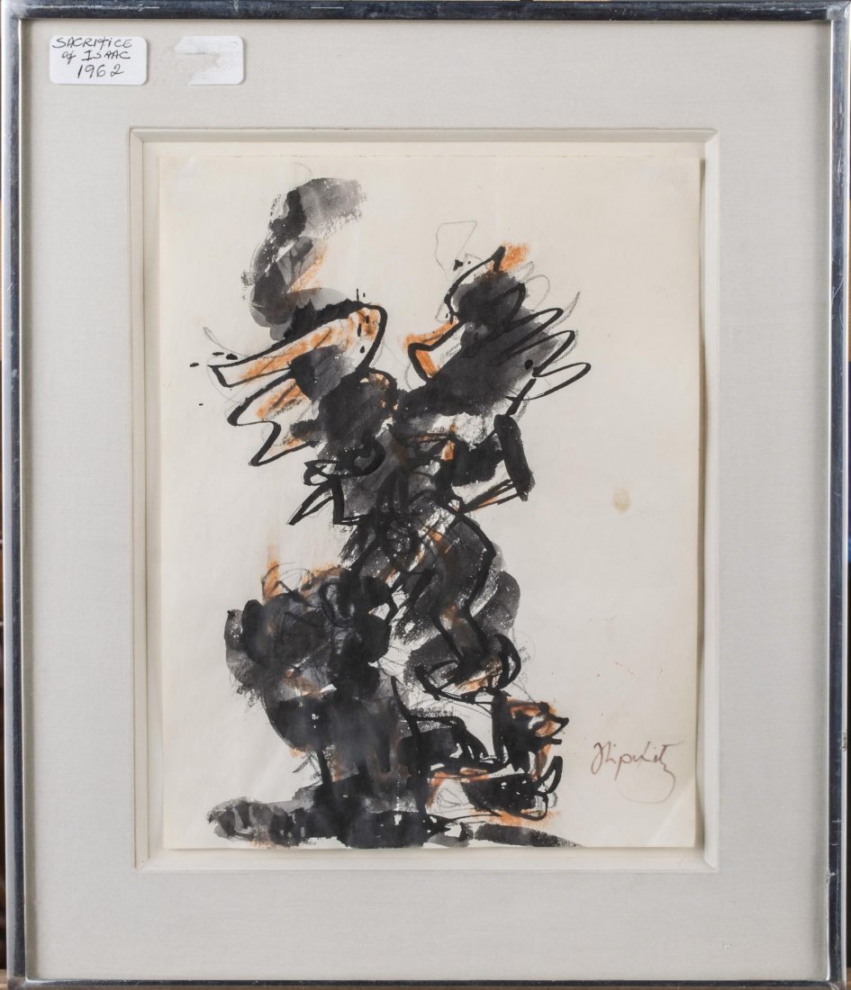 Jacques Lipchitz (French, 1891-1973): Study for Sacrifice of Isaac. Ink and crayon on paper, 1962. Signed (l.r.). Sight size 11 x 8 1/2 inches. Matted and framed. Provenance: From the Collection of Helena and Ladislas Segy.