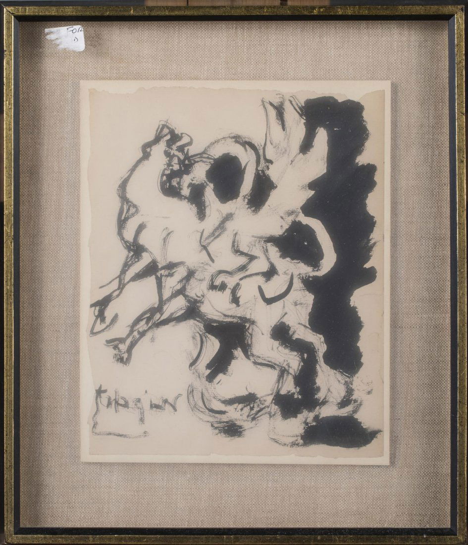Jacques Lipchitz (French, 1891-1973): Study for Bull and Condor. Ink on paper, 1964. Signed (l.l.). Sight size 10 3/4 x 8 1/2 inches. Matted and framed. Provenance: From the Collection of Helena and Ladislas Segy.