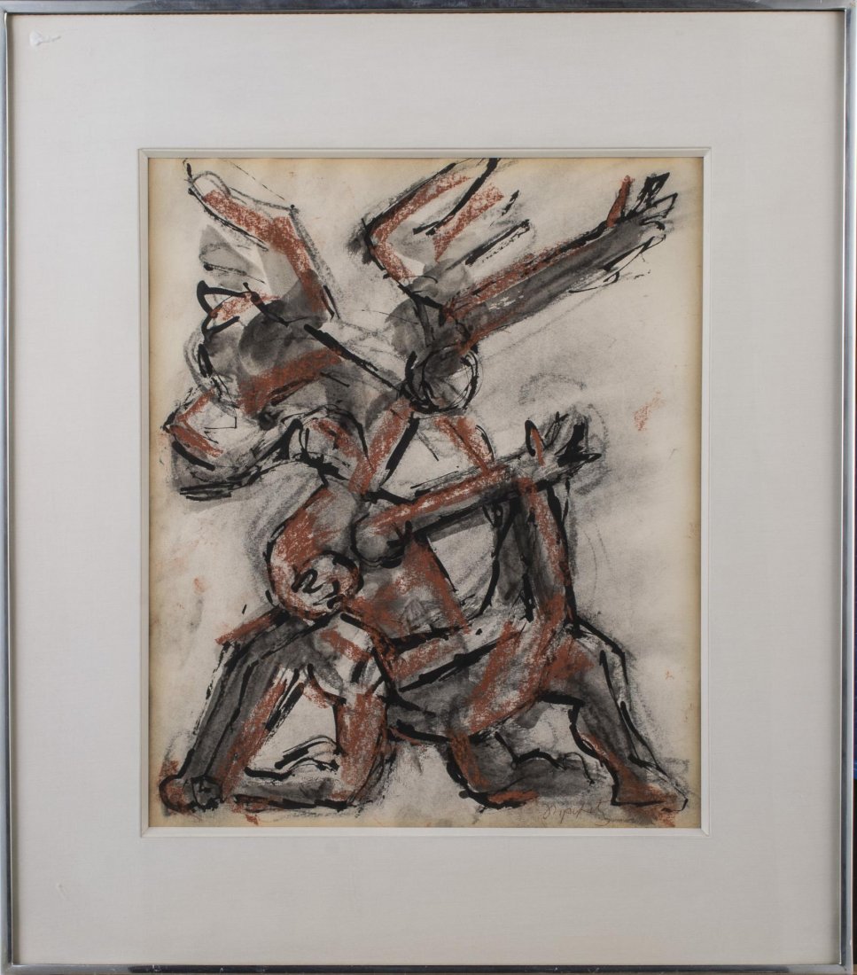 Jacques Lipchitz (French, 1891-1973): Study for Hagar in the Desert. Colored crayon and ink on paper, 1948. Signed (l.r.). Sight size 16 1/2 x 14 inches. Matted and framed. Provenance: From the Collection of Helena and Ladislas Segy.