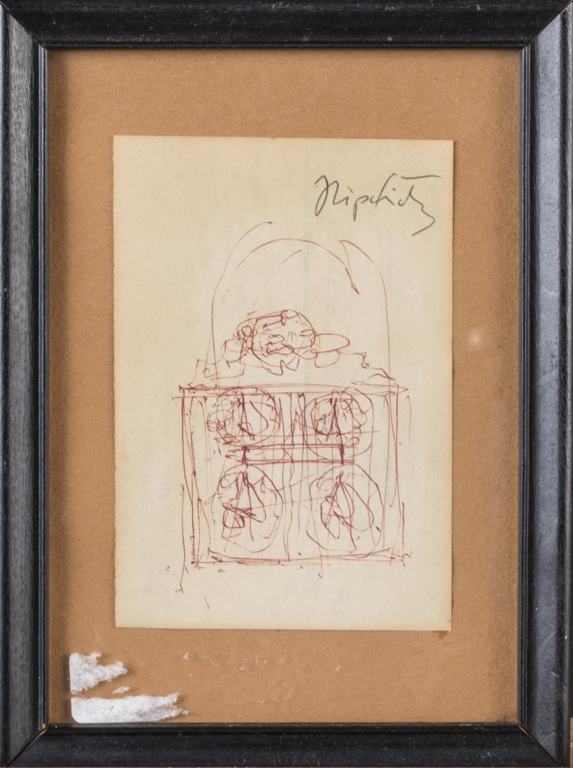 Jacques Lipchitz (French, 1891-1973): Model of Gate of the Shrine of New Harmony. Red Ink on paper, 1958. Signed (u.r.). Sight size 5 x 3 inches. Matted and framed. Provenance: From the Collection of Helena and Ladislas Segy.
