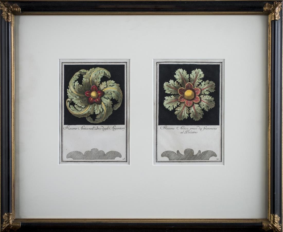 Carlo Antonini (Italian, 1740-1821): Two Rosettes. Hand colored copper engravings, circa 1786. Each sight size 7 14 x 5 inches. Framed together.
