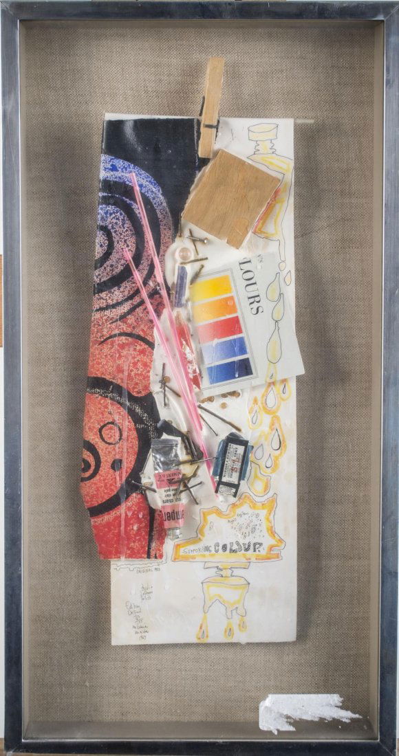 Mary Bauermeister (German/American, b. 1934): Studio Leftover Fetish. Collage of paint tubes, clothes pins and other studio ephemera, 1969. Signed, titled, dated, and numbered 69/75 (l.l.). Sight size 16 1/2 x 6 inches. Mounted and framed. Proven