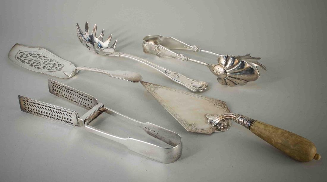Victorian Silver Trowel and Silver Plated Flatware: Sterling silver trowel with wood handle, Sheffield, 1876, together with assorted silver plated flatware articles.
