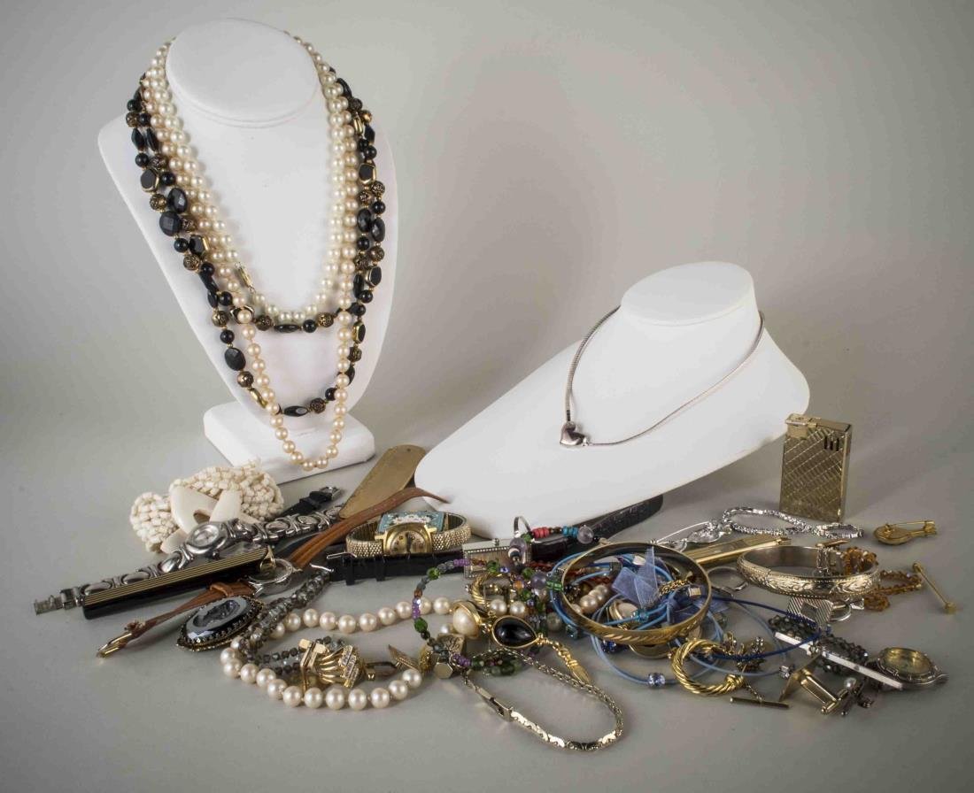 Miscellaneous Group of Costume Jewelry: Including Monet earrings, simulated pearl necklace. bangle, two Quartz watches, cufflinks, etc.