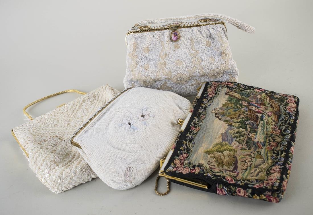 Four Lady's Evening Purses: Three beaded bags and a needlepoint purse. Various sizes.