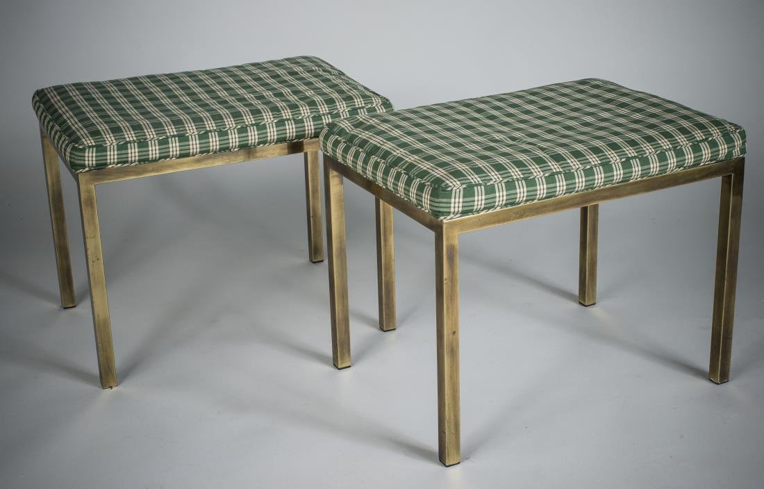 Pair of Modern Metal Stools: Height 18 inches, width 24 inches, depth 18 inches