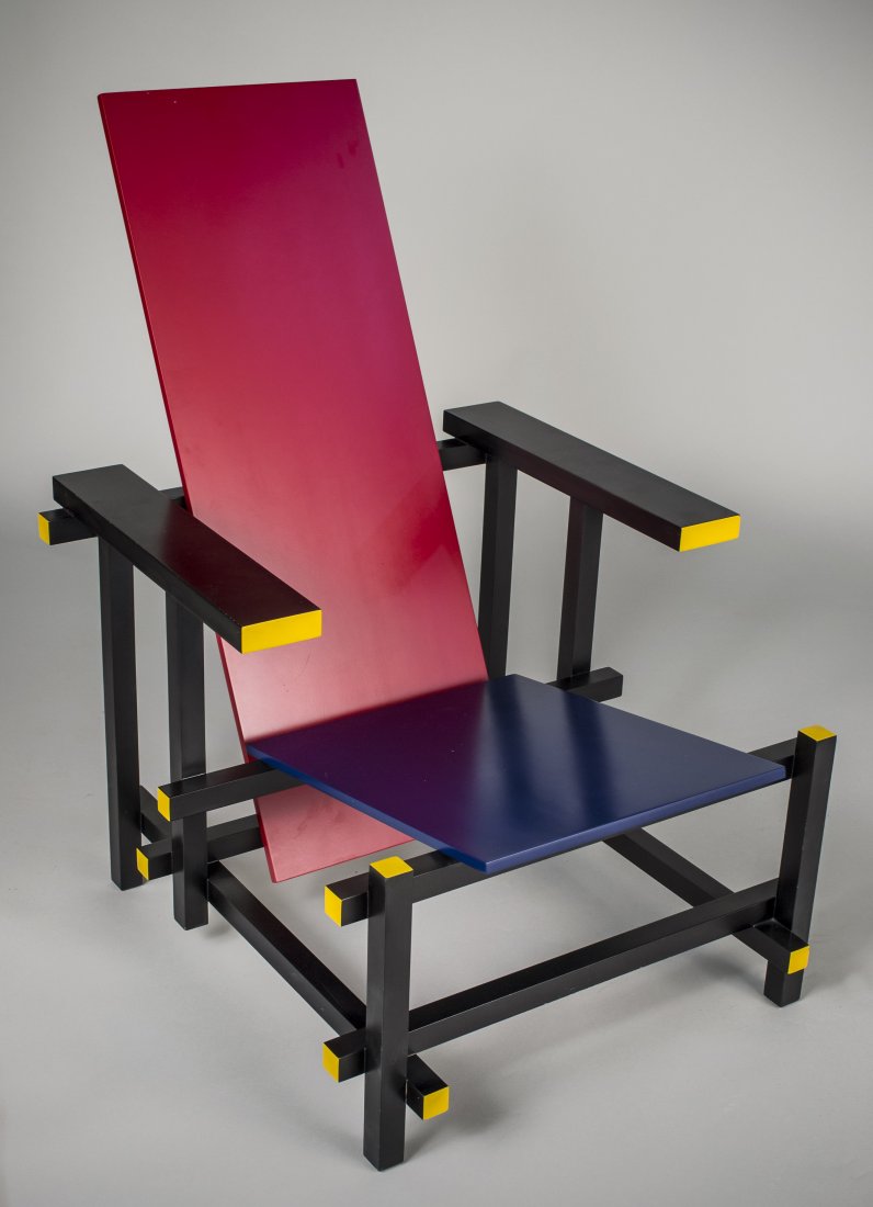 Gerrit Reitveld Armchair: Designed in 1917 by Gerrit Rietveld. It represents one of the first explorations by the De Stijl art movement in three dimensions. Height 34.5 inches, width 25.5 inches, depth 32 inches.