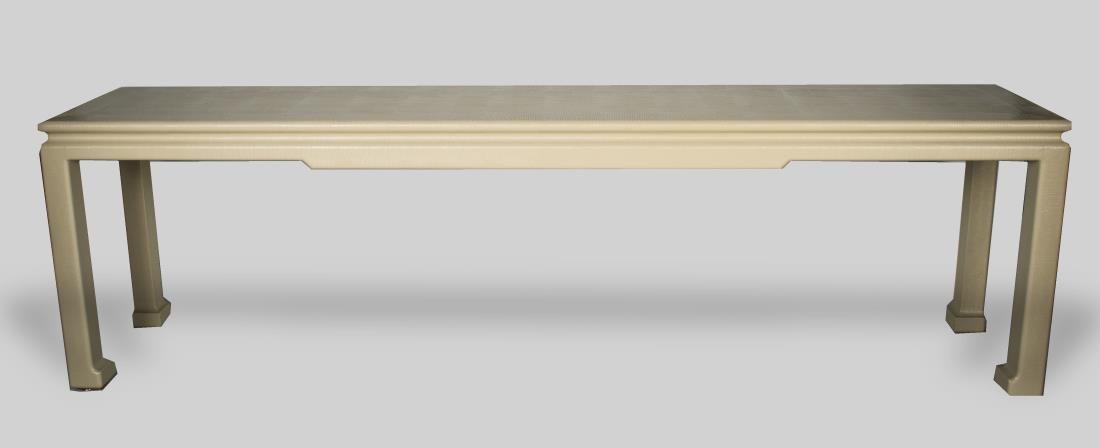 Karl Springer Console: Rectangular top on square legs. Height 26.5 inches, width 7 feet 6 inches, depth 18 inches