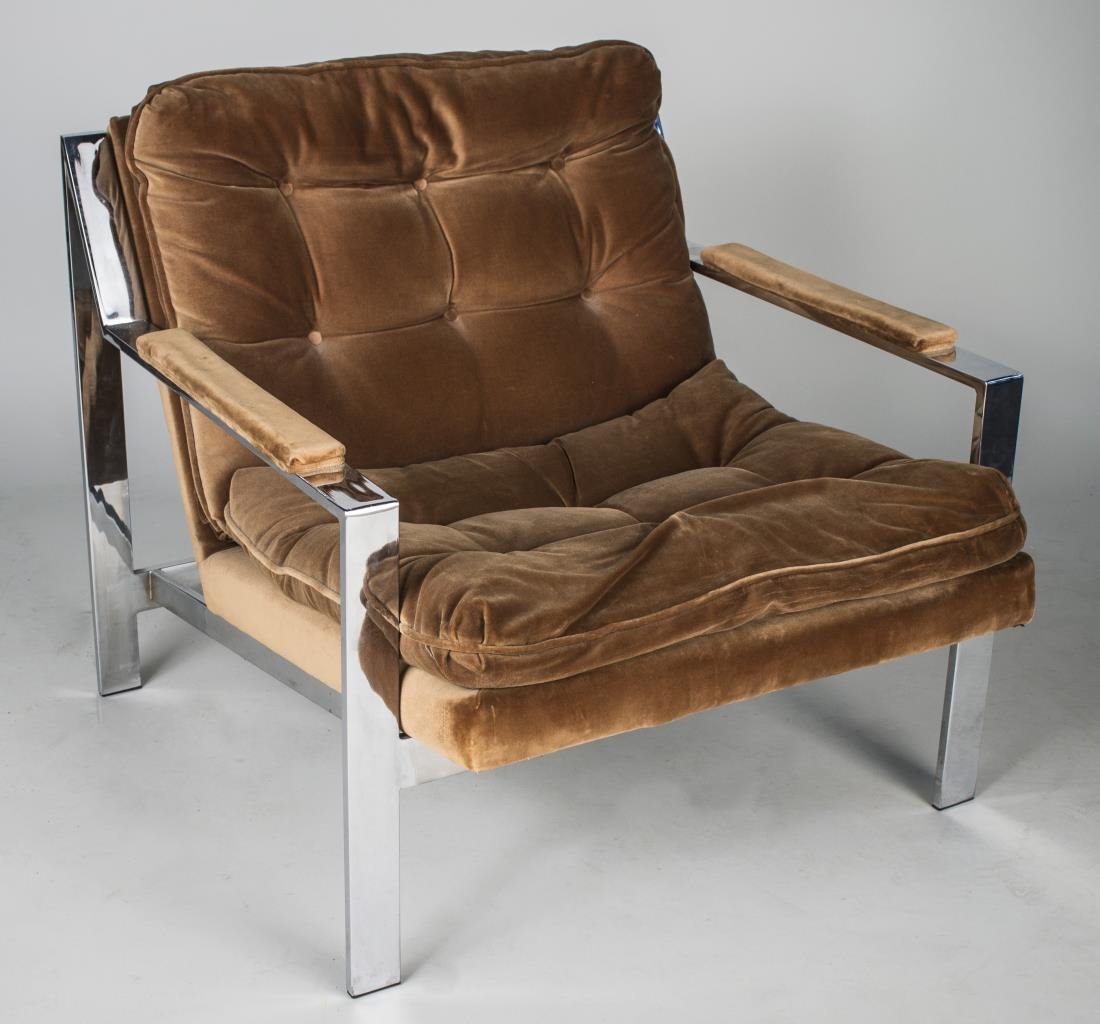 Milo Baughman Chrome Armchair: Brown velour tufted upholstery. Height 29 inches, width 29 1/2 inches, depth 32 inches.