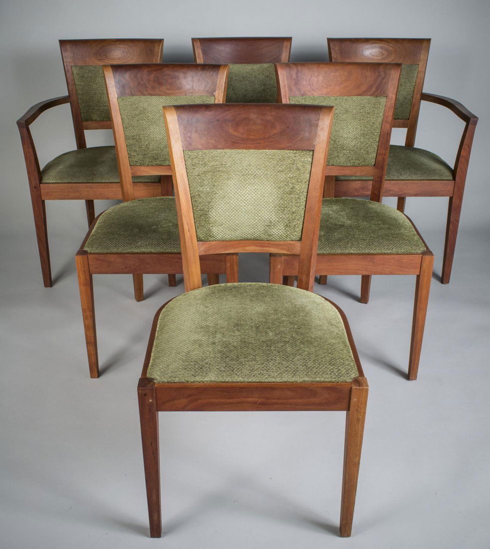 Set of Six Thomas Moser Cherry Chairs & Book: Each with tablet crest rail, upholstered back and seat, square tapered legs, accompanied by a book on the Cabinetmaker, Thomas Moser, and with a bolt o extra upholstery fabric. Height 35 inches, width