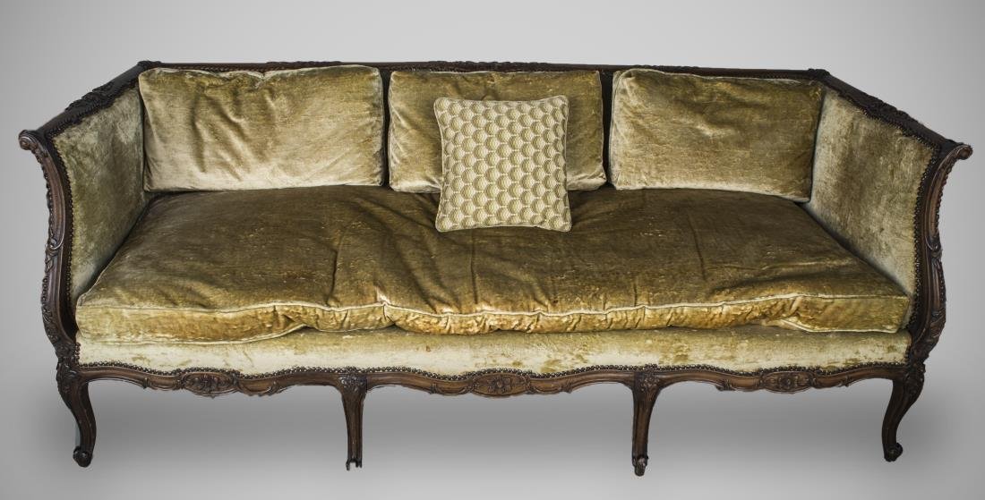 Louis XV Style Canape: Green velour upholstery. Height 31 inches, length 6 feet 7 inches, depth 34 inches