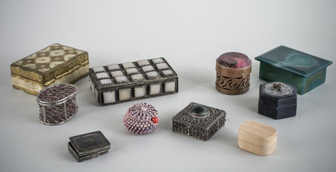 Group of Trinket Boxes: Various material and styles. Largest, height 1 1/4 inches, width 4 1/2 inches, depth 2 3/4 inches.