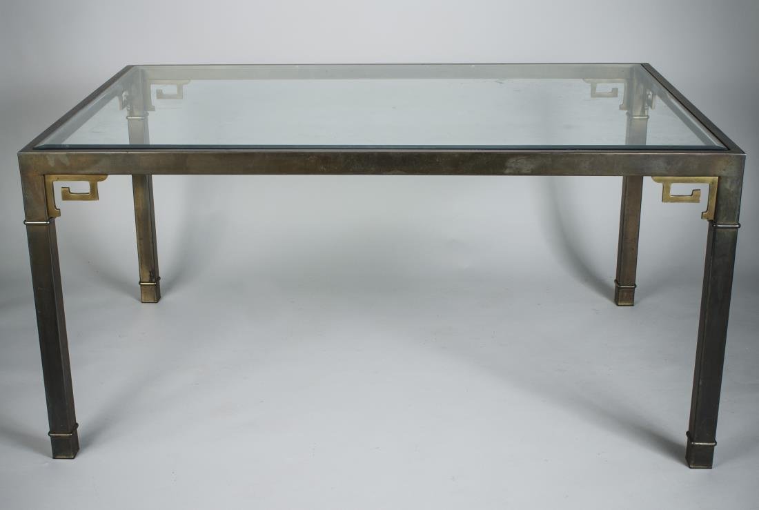 Parsons Style Glass Top Table: Rectangular top on square legs. Height 29 inches, length 60 inches, width 40 inches.