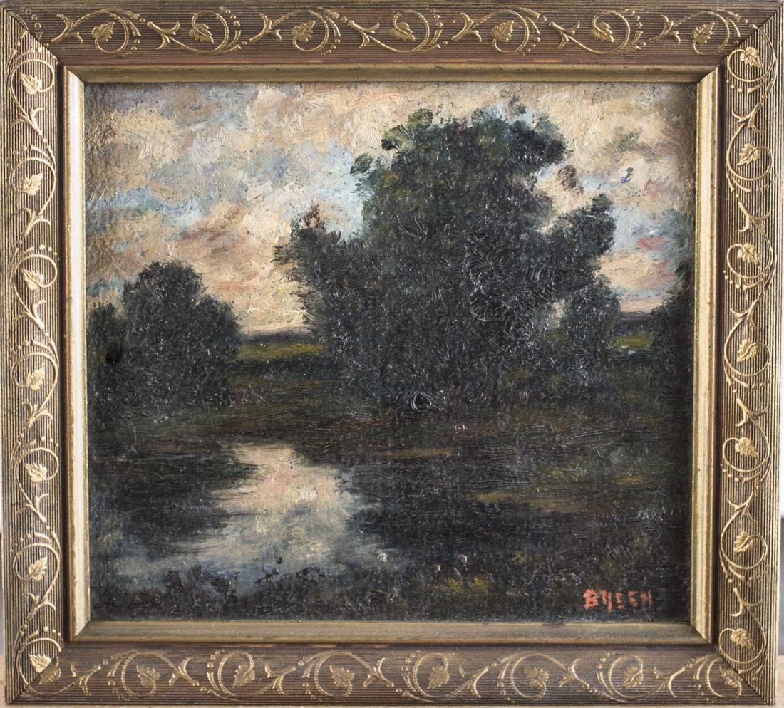 Continental School (19th Century): Landscape. Oil on cardboard. Signed illegibly (l.r.). Sight size 7 x 7 1/2 inches. Framed.