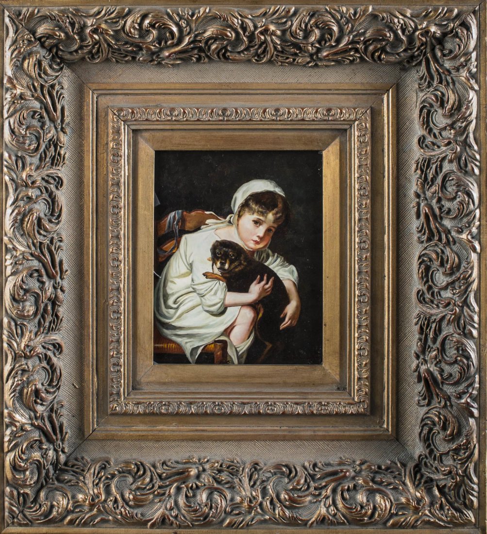 Continental School (20th Century): Child Holding a Dog. Oil on panel. Signed James (l.c.). Panel size 10 x 8 inches. Framed.