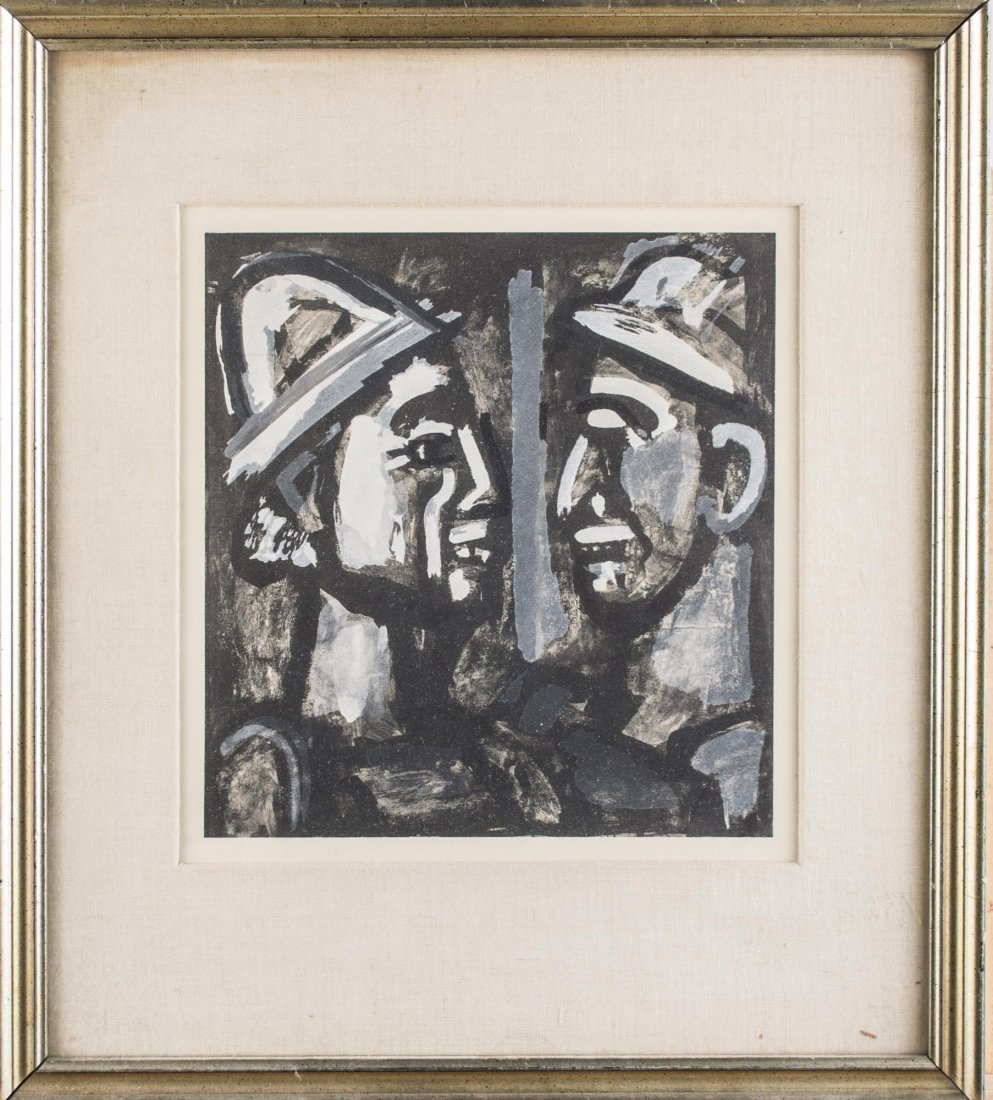 After George Braque (French, 1882-1963): Two Faces. Lithograph. Sight size 12 3/4 x 12 inches. Matted and framed.